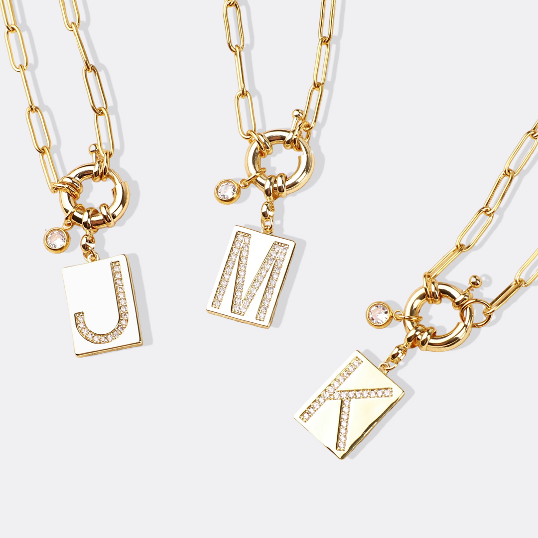 Pavé Initial Pendant Necklace with Paperclip Chain