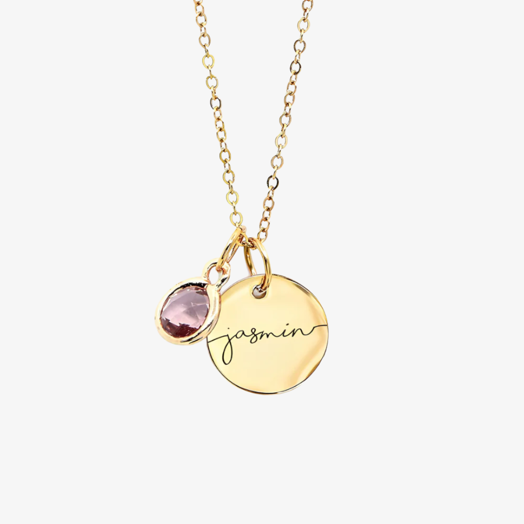 Custom Birthstone Coin Name Necklace – Gold