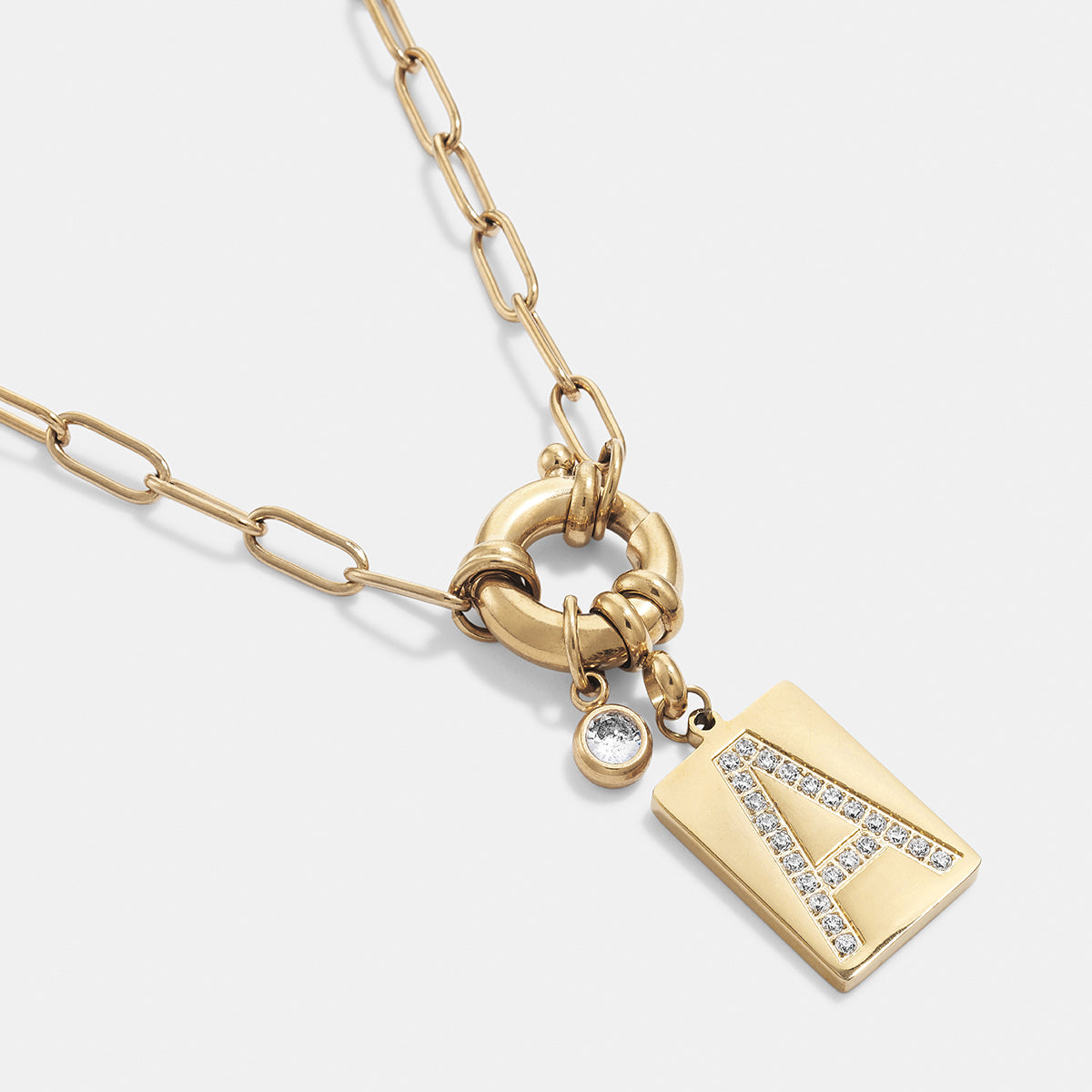 Pavé Initial Pendant Necklace with Paperclip Chain