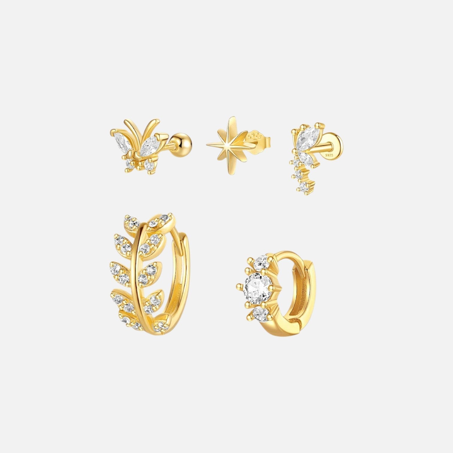Butterfly & Flower Zirconia Pierced Earring Set – gold