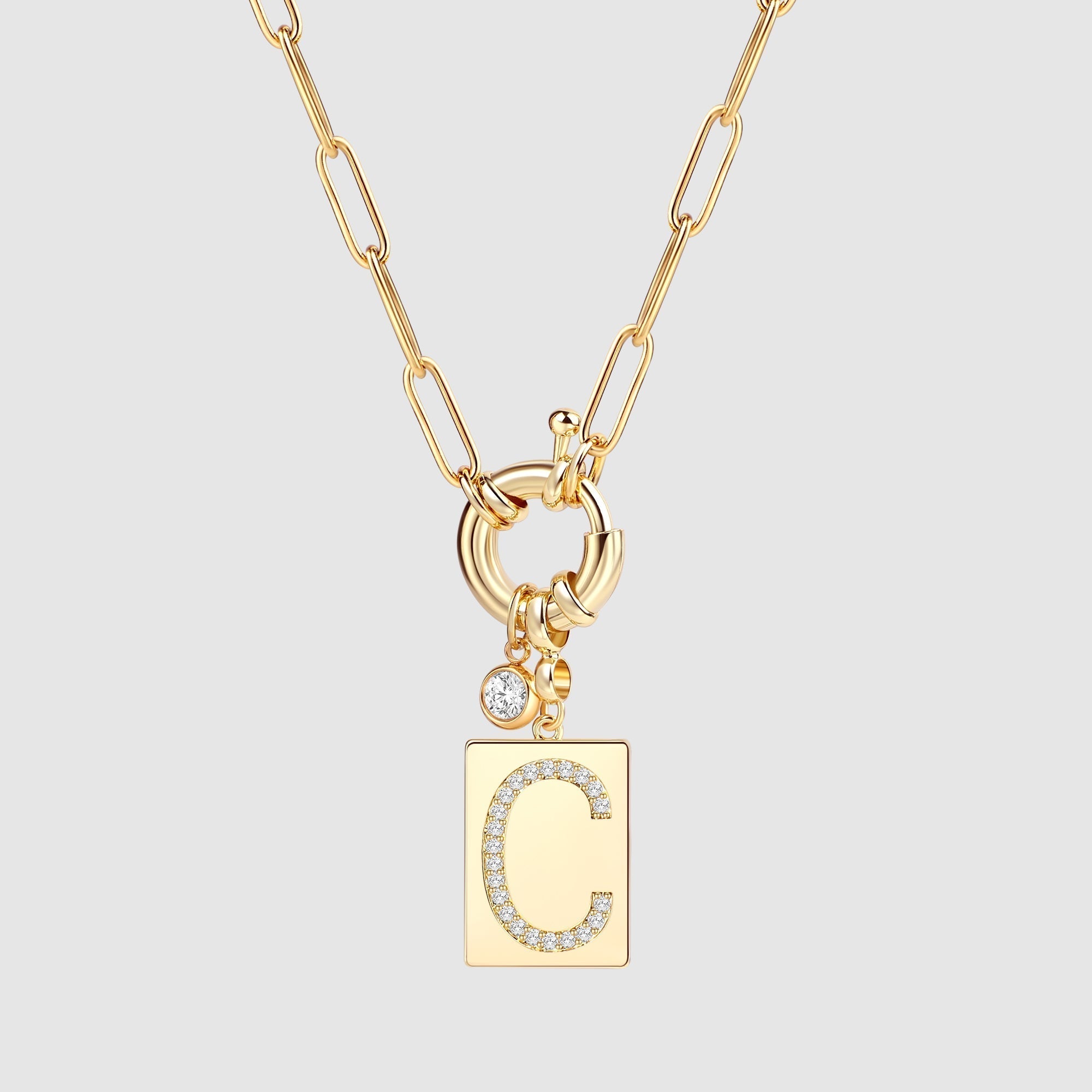 Pavé Initial Pendant Necklace with Paperclip Chain