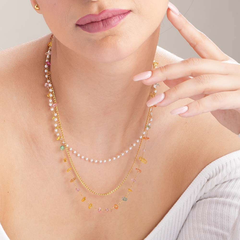 Rainbow of Gems and Pearl Layered Necklace