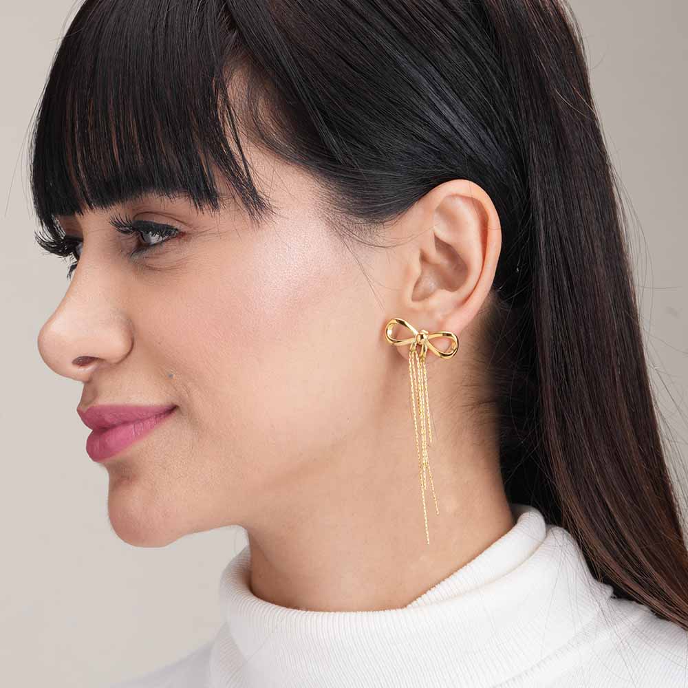 Gold Bow and Tassel Dangler Earrings