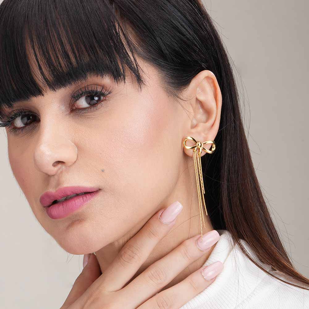 Gold Bow and Tassel Dangler Earrings