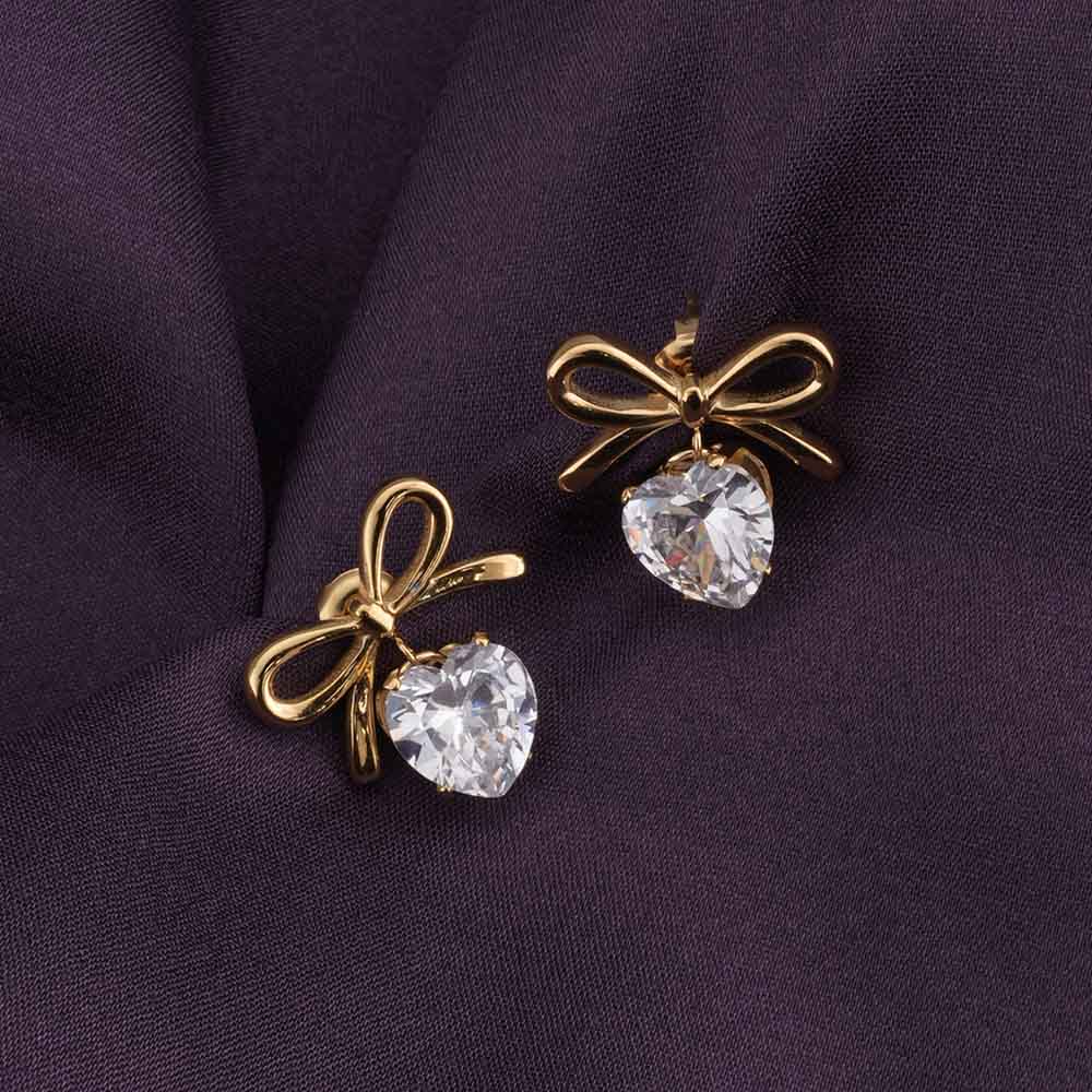 Zircon Heart & Bow Drop Earrings