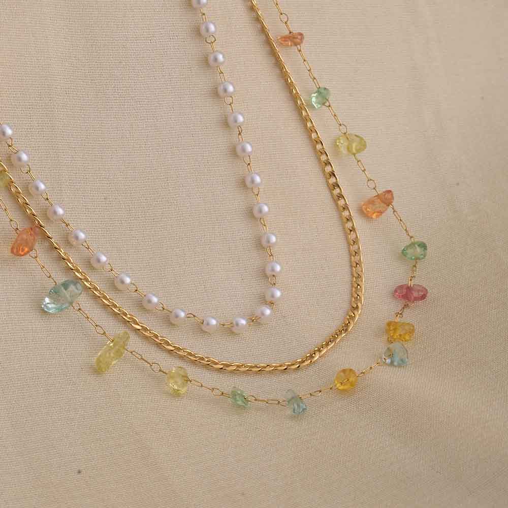 Rainbow of Gems and Pearl Layered Necklace