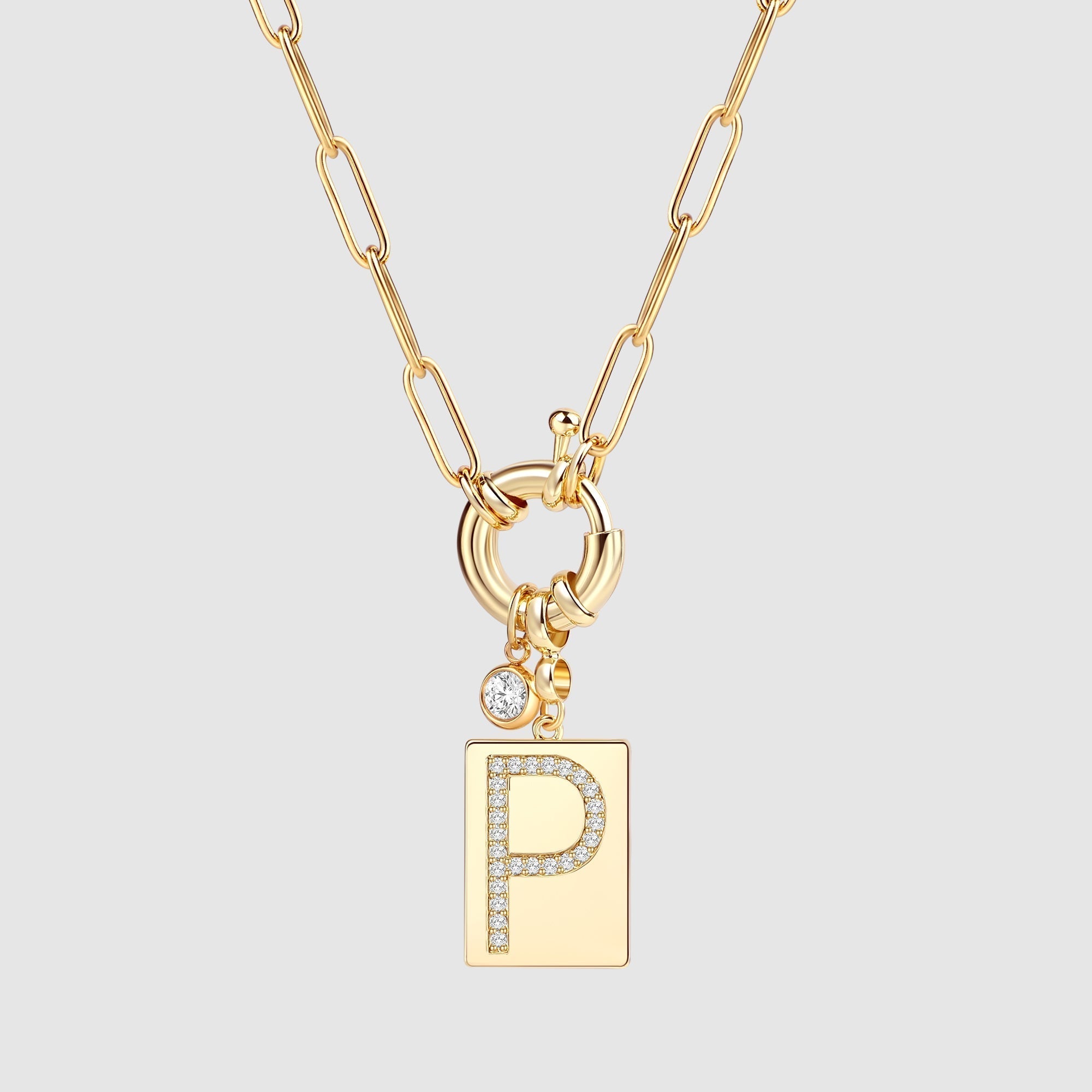 Pavé Initial Pendant Necklace with Paperclip Chain