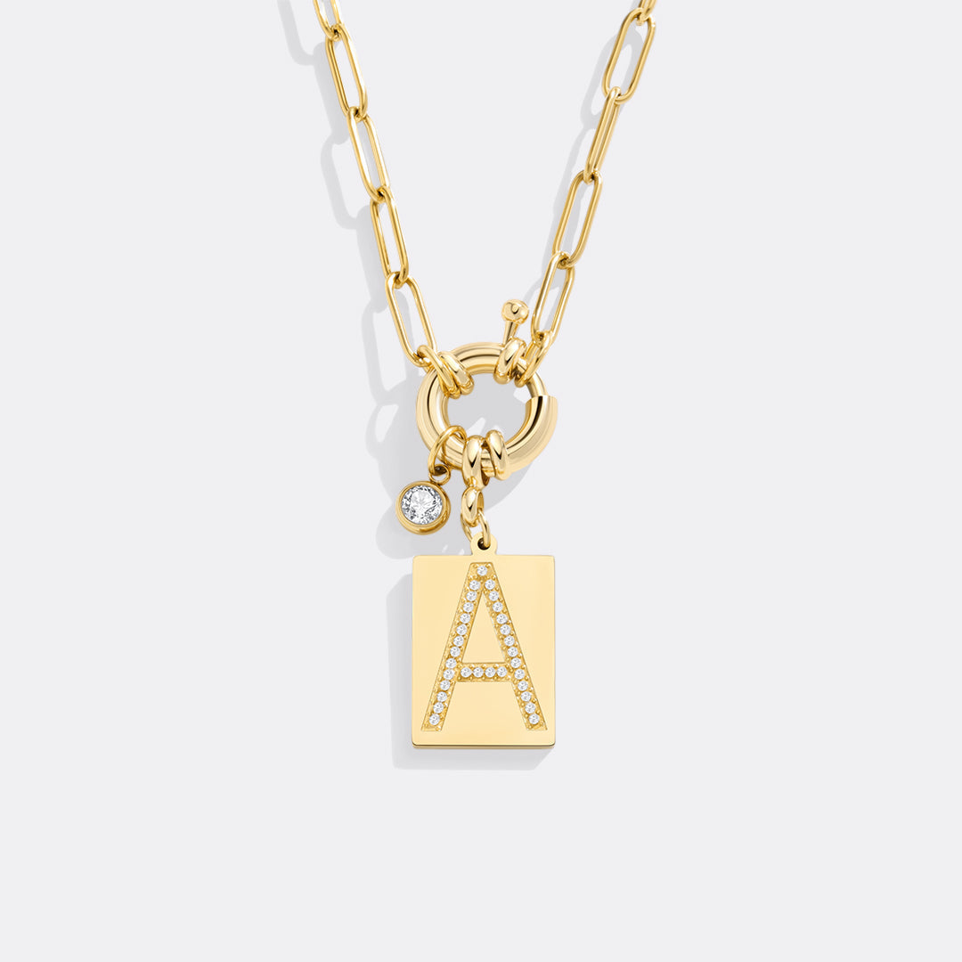 Pavé Initial Pendant Necklace with Paperclip Chain