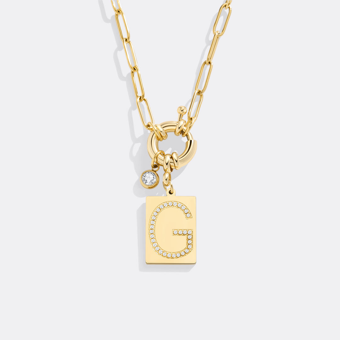 Pavé Initial Pendant Necklace with Paperclip Chain