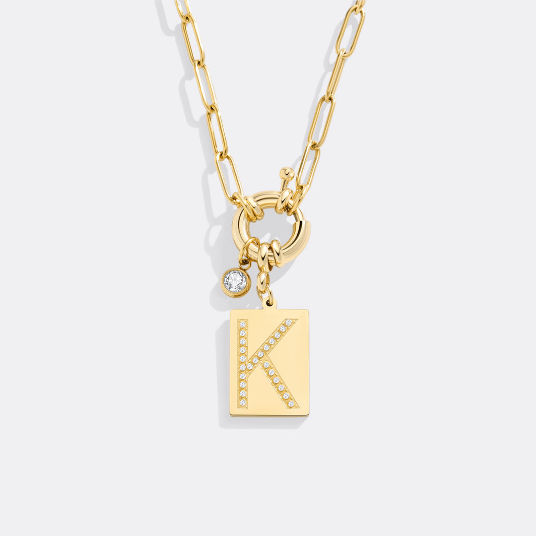 Pavé Initial Pendant Necklace with Paperclip Chain