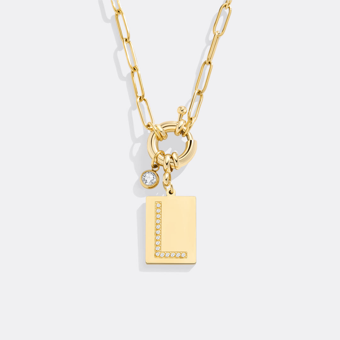 Pavé Initial Pendant Necklace with Paperclip Chain
