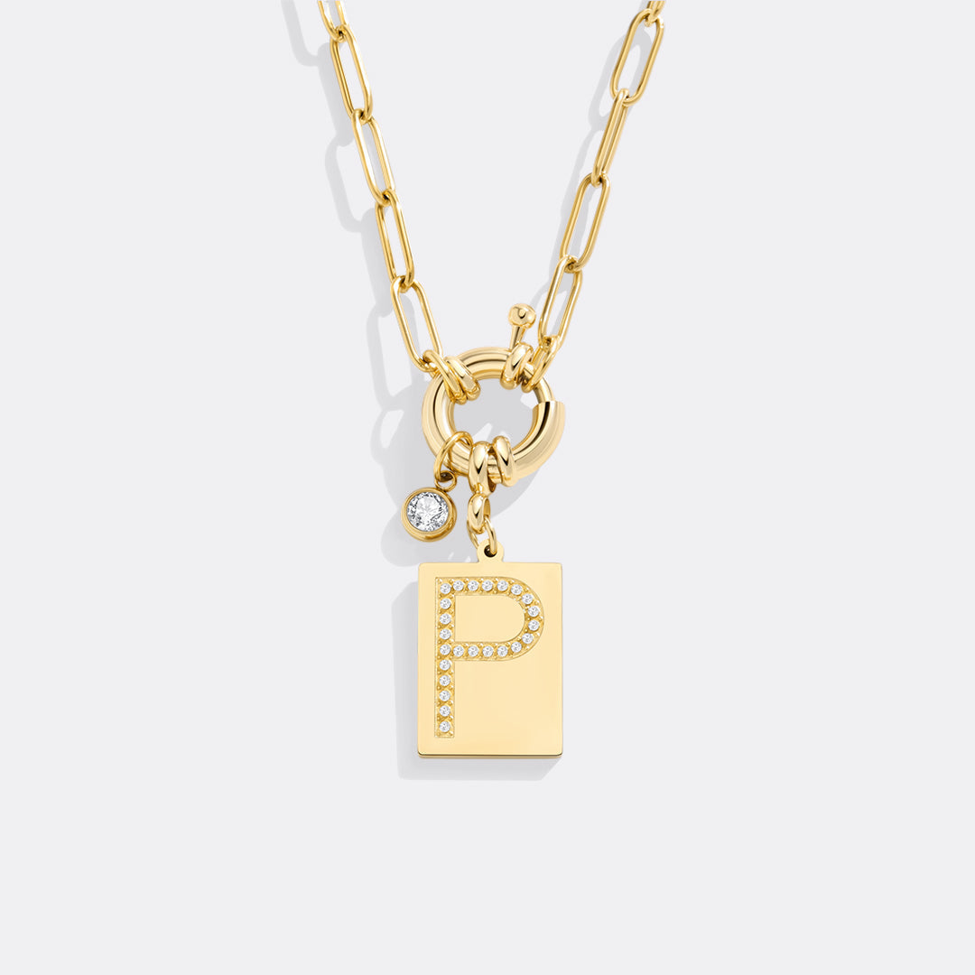 Pavé Initial Pendant Necklace with Paperclip Chain