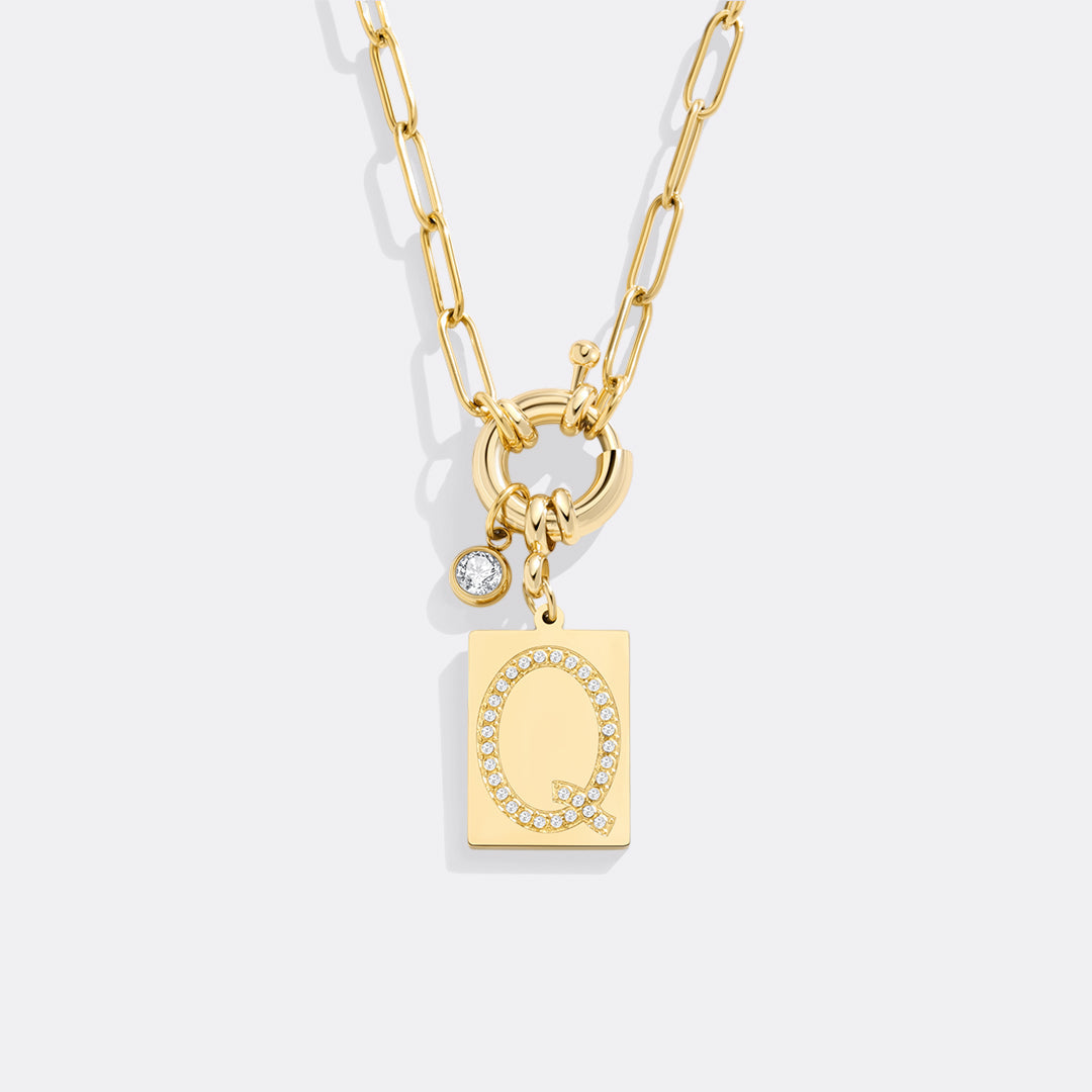 Pavé Initial Pendant Necklace with Paperclip Chain