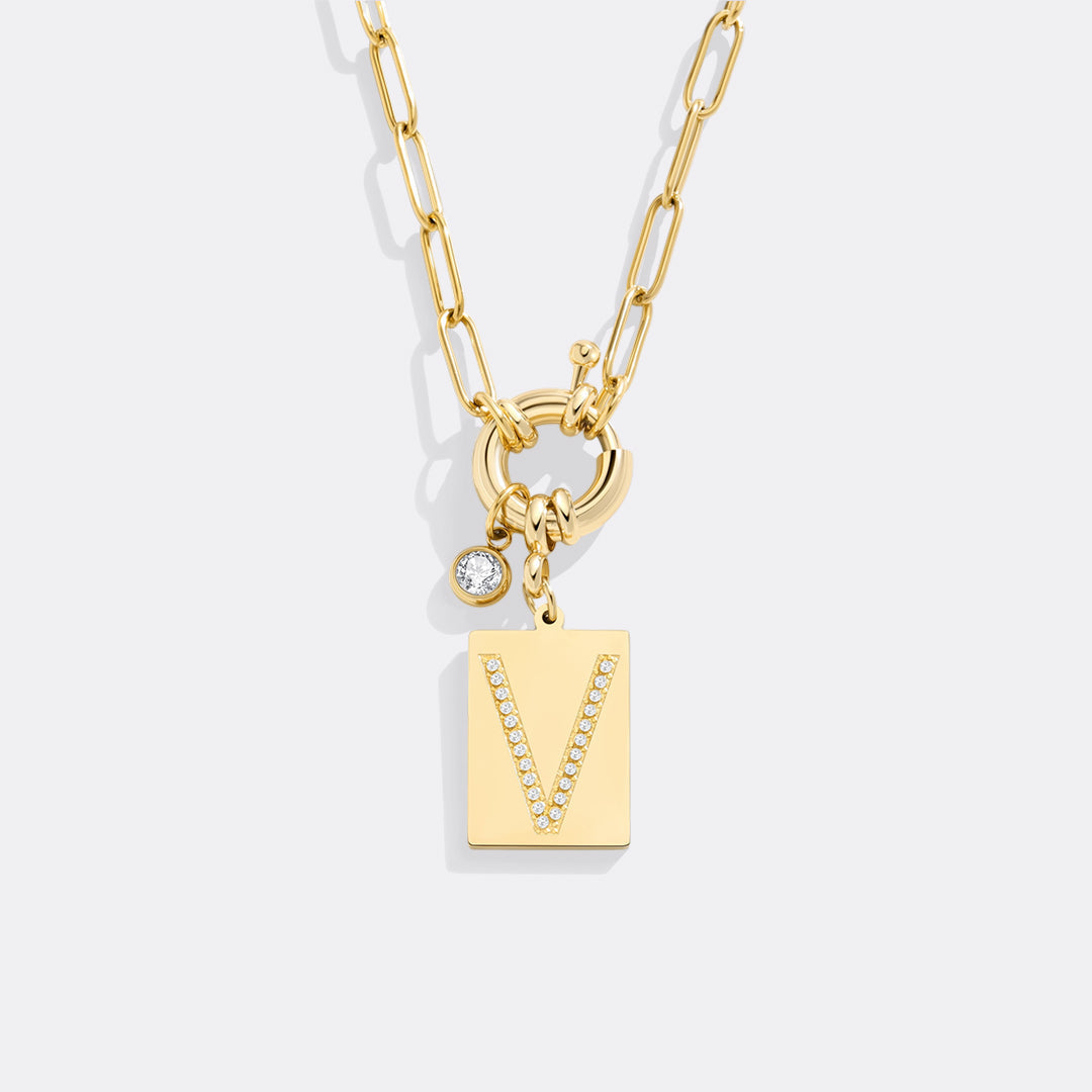 Pavé Initial Pendant Necklace with Paperclip Chain