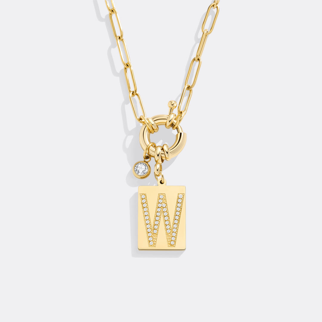 Pavé Initial Pendant Necklace with Paperclip Chain