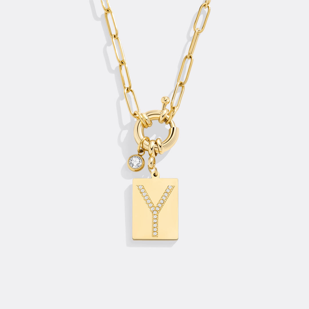 Pavé Initial Pendant Necklace with Paperclip Chain