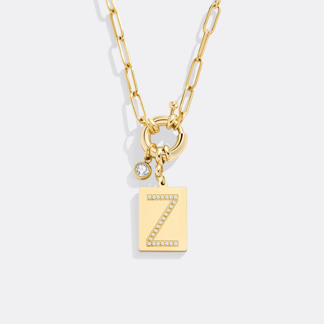 Pavé Initial Pendant Necklace with Paperclip Chain