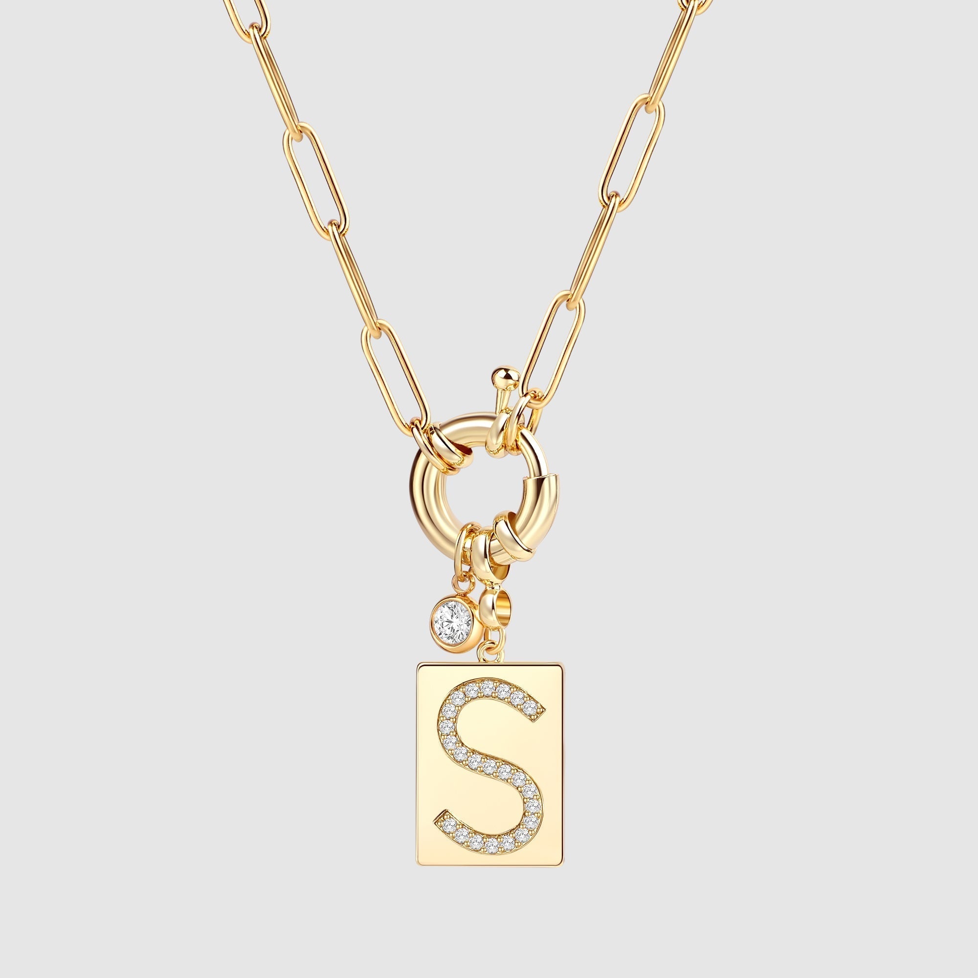 Pavé Initial Pendant Necklace with Paperclip Chain