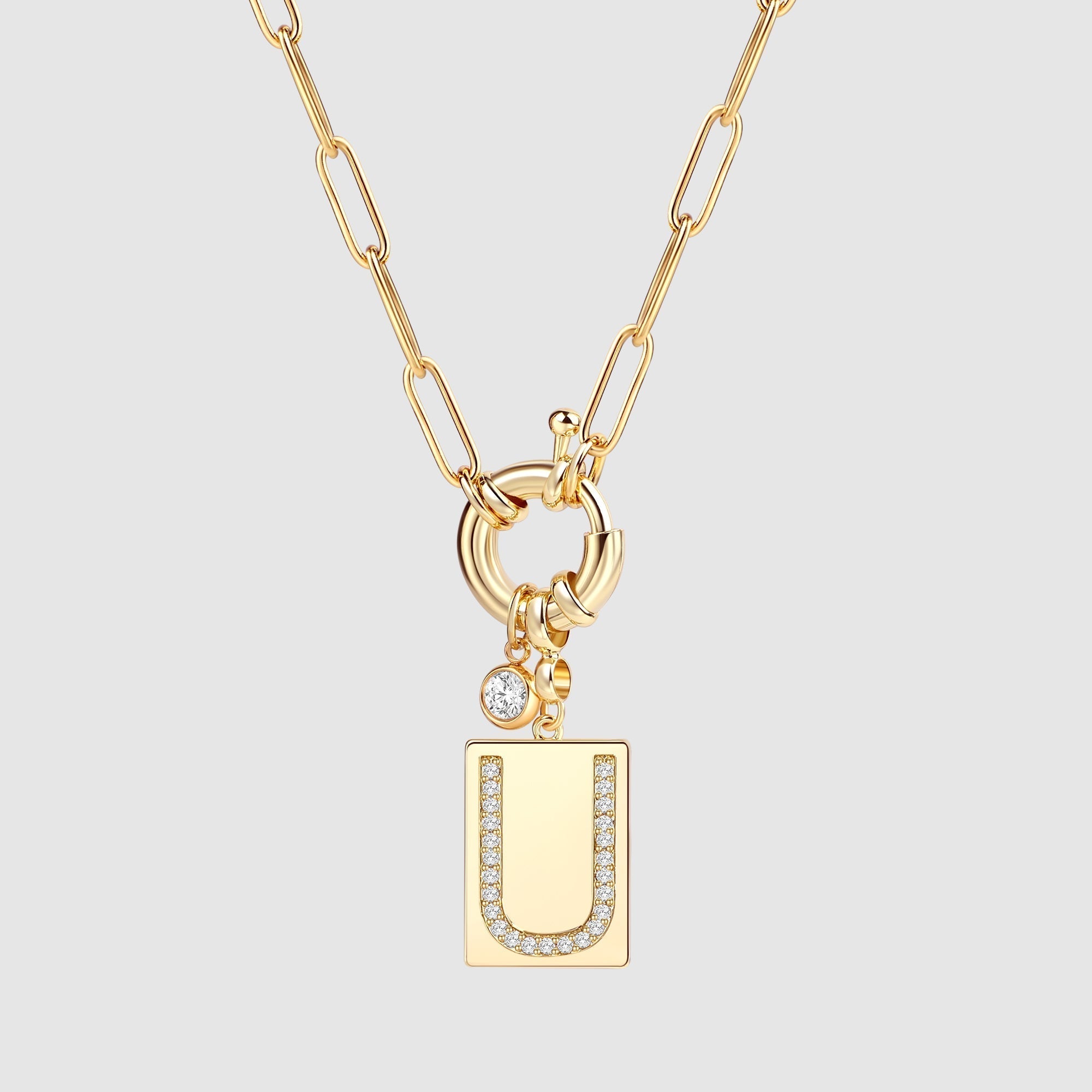 Pavé Initial Pendant Necklace with Paperclip Chain