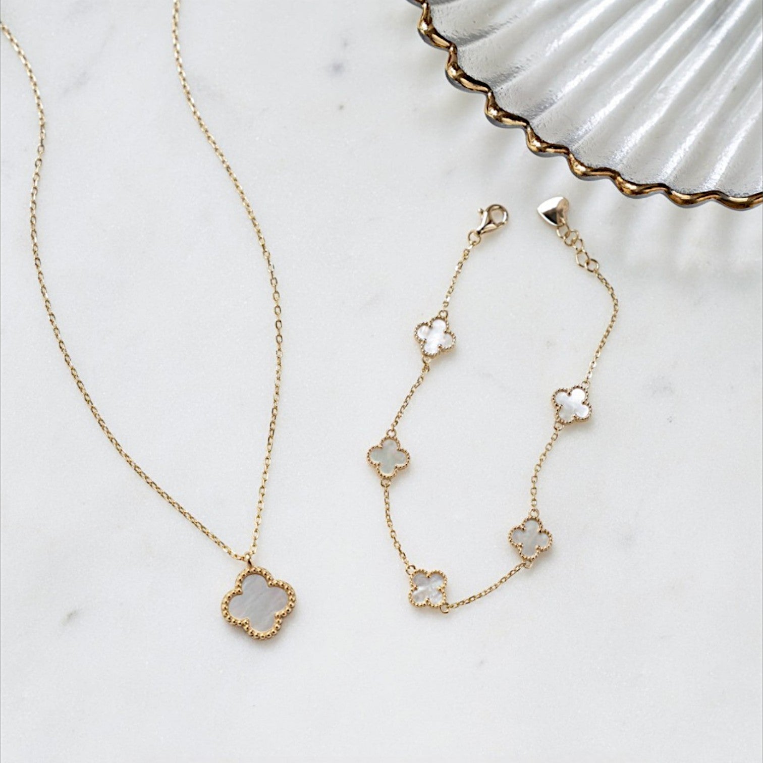 Dainty Mother of Pearl Clover Charm Bracelet