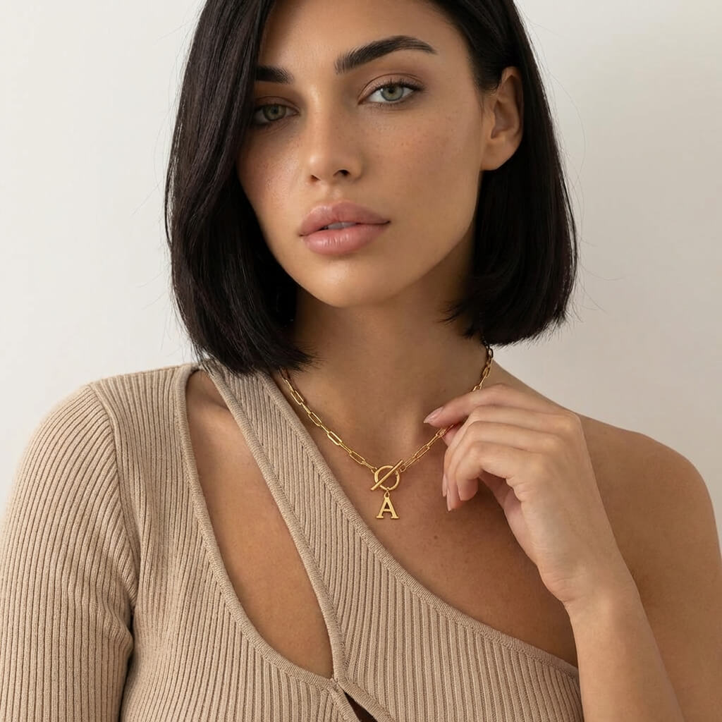 Paperclip Initial Circle Clasp Necklace