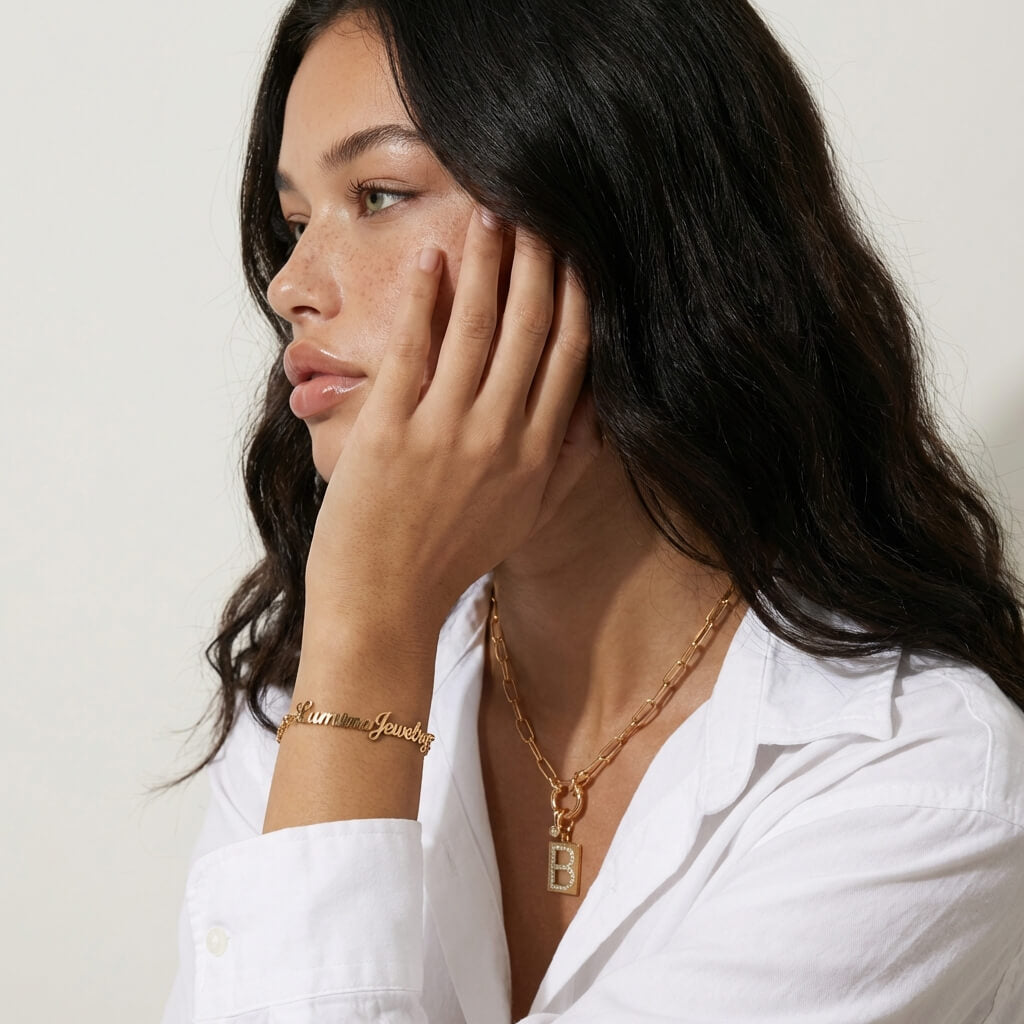 Pavé Initial Pendant Necklace with Paperclip Chain