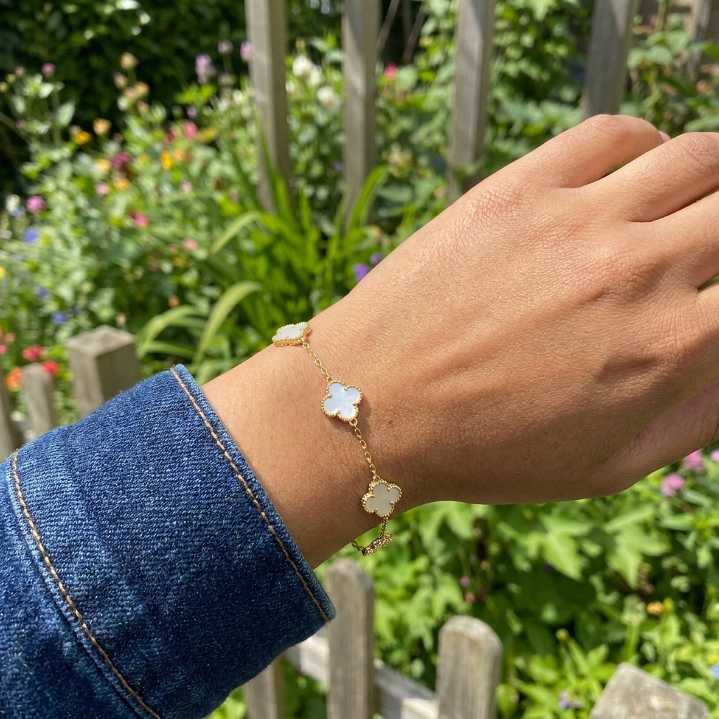 Dainty Mother of Pearl Clover Charm Bracelet