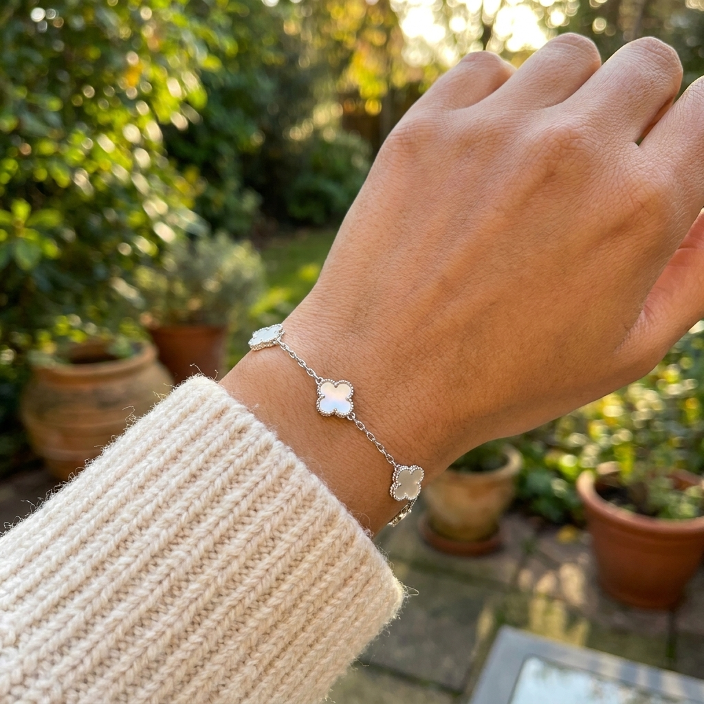 Dainty Mother of Pearl Clover Charm Bracelet