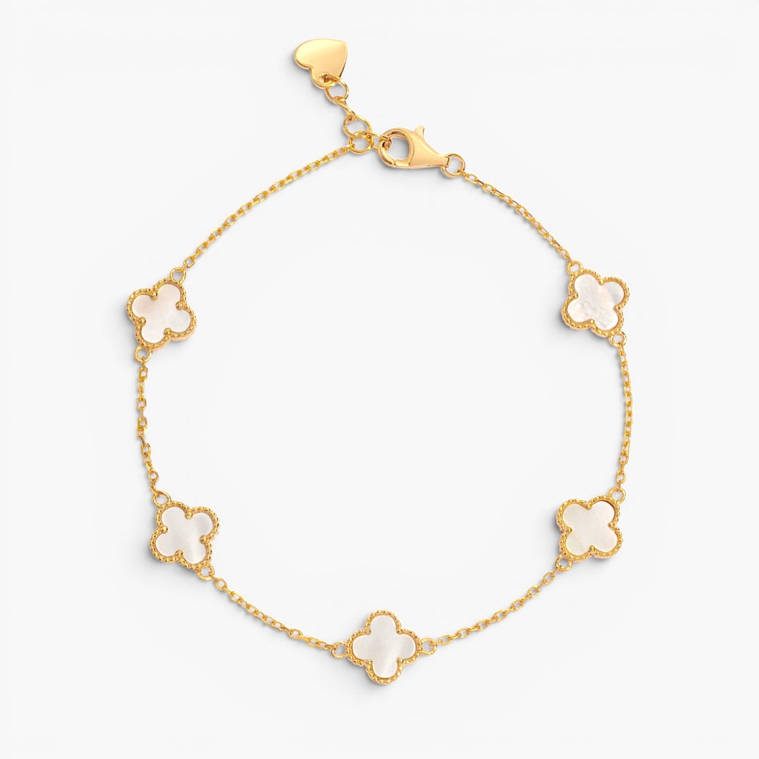 Dainty Mother of Pearl Clover Charm Bracelet