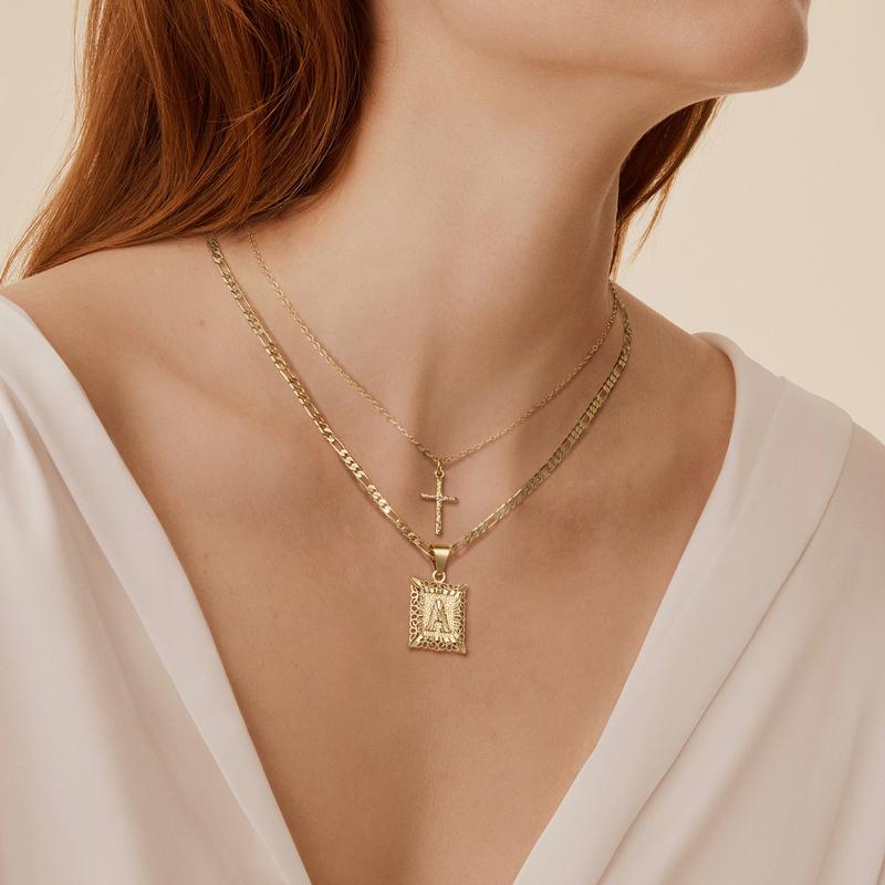 2pc 14k Initial & Cross Layered Necklace Set