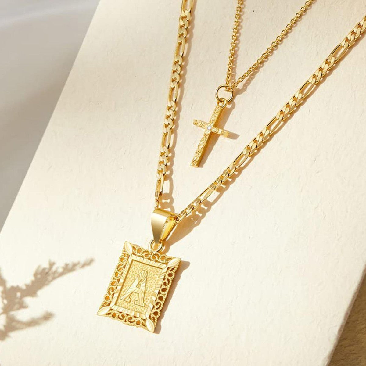 2pc 14k Initial & Cross Layered Necklace Set