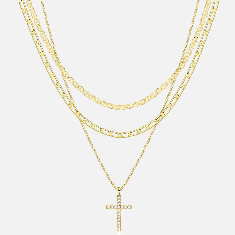 Layered Cross Necklace Set – 3 Piece