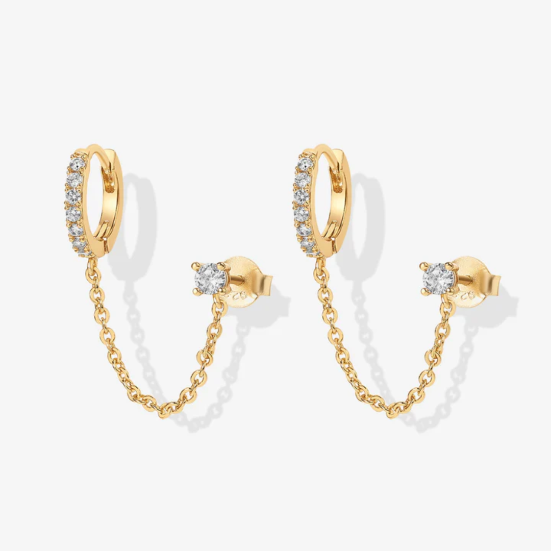 Chained Huggie Hoop CZ Earrings – Gold