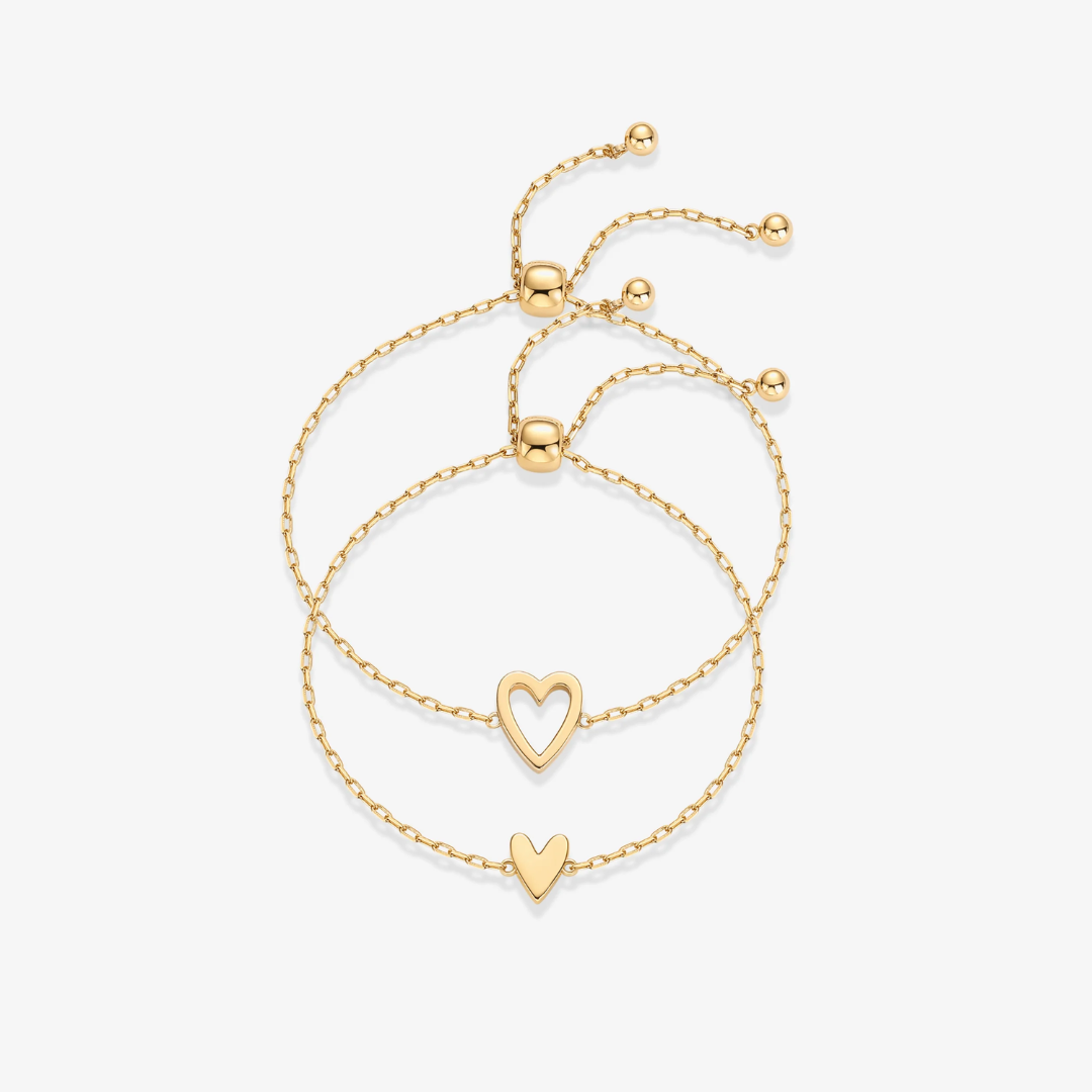 Double Heart Charm Bracelet Duo – Gold