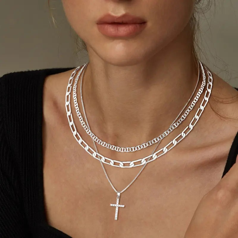 Layered Cross Necklace Set – 3 Piece