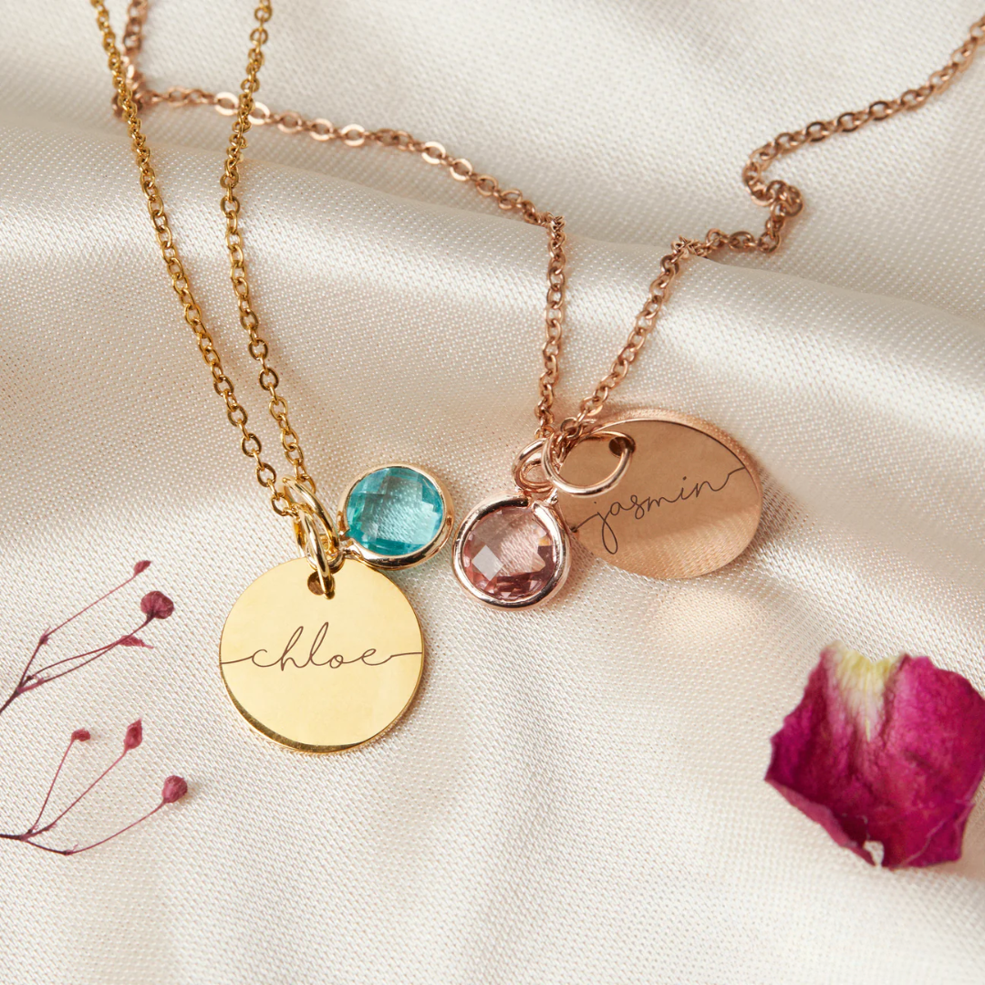 Custom Birthstone Coin Name Necklace