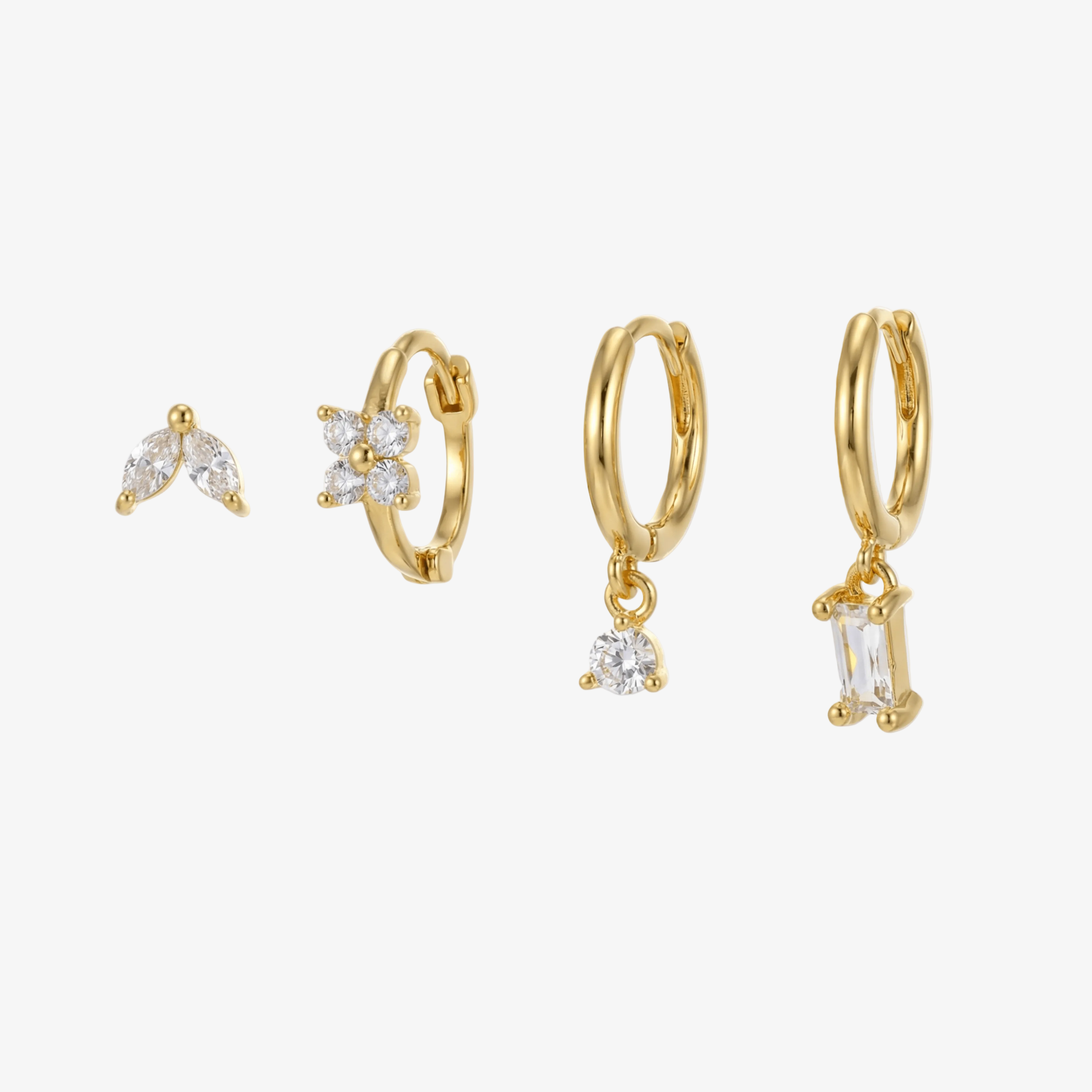 Crystal Flower Stud & Hoop Earrings Set – Gold