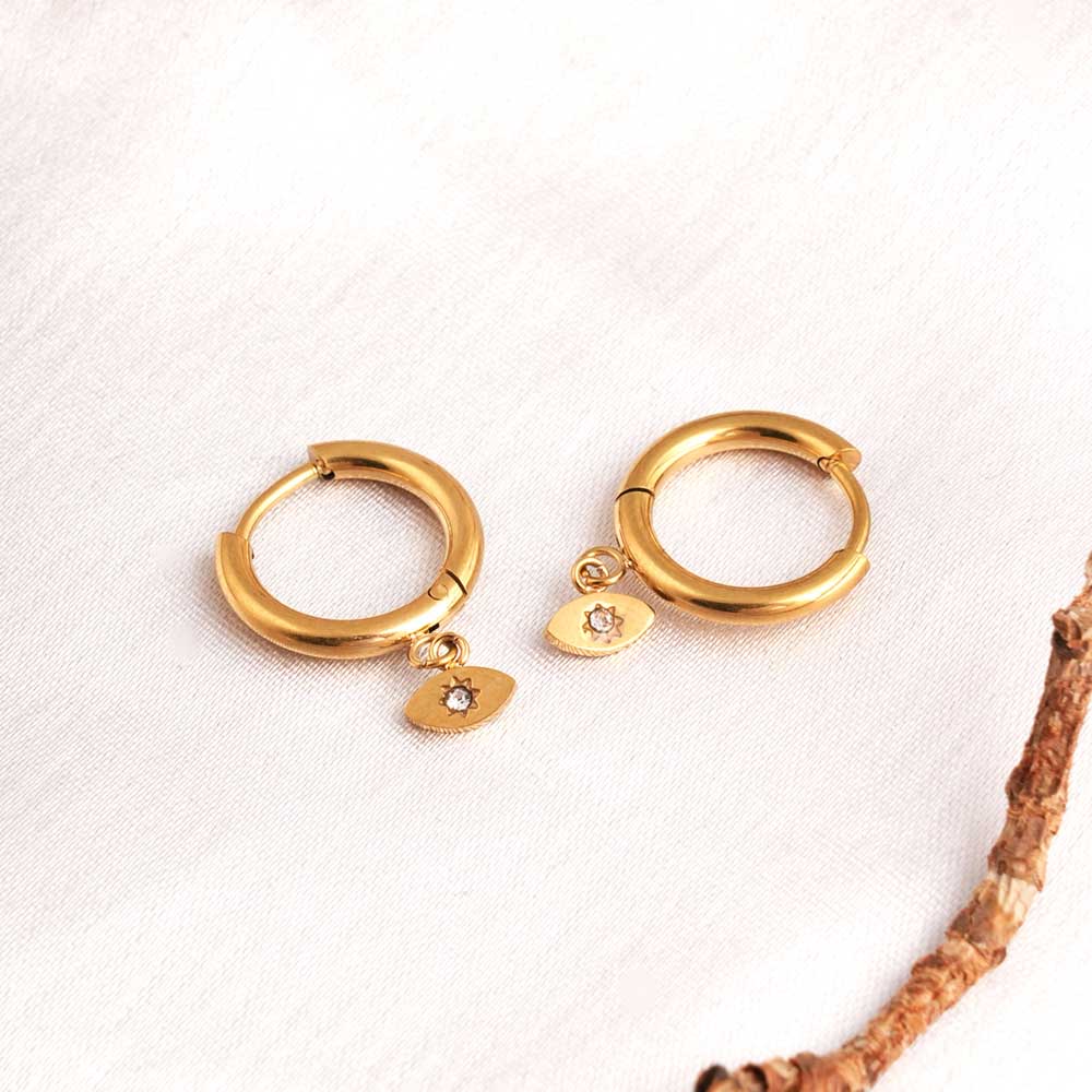 Tiny Iris Star Drop Hoop Earrings