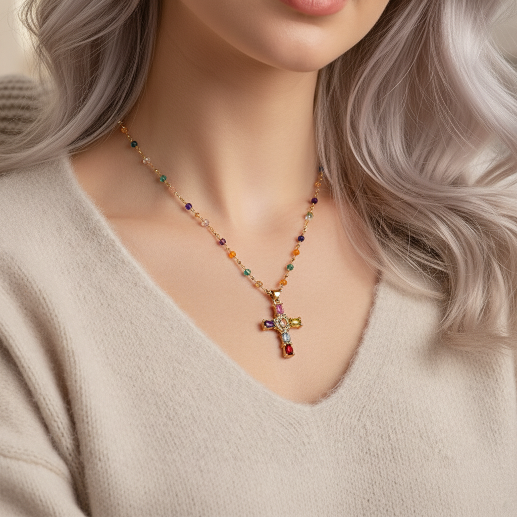 Colorful Gem Cross Necklace