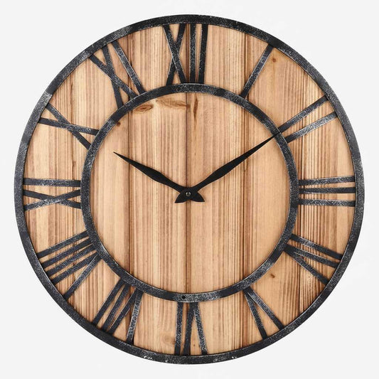 Large Wood and Metal Round Wall Clock | Industrial Style 40cm