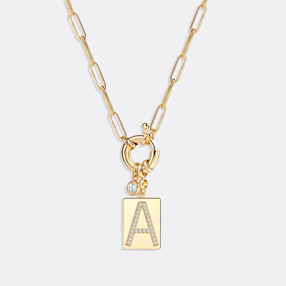 Pavé Initial Pendant Necklace with Paperclip Chain