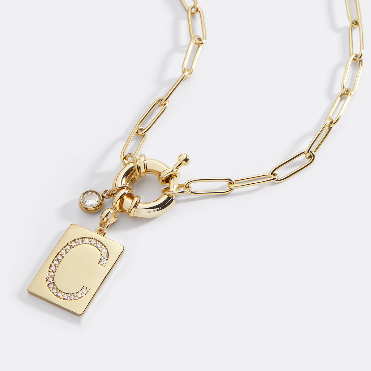 Pavé Initial Pendant Necklace with Paperclip Chain – Gold