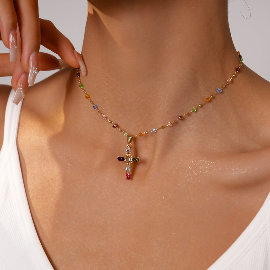 Colorful Gem Cross Necklace