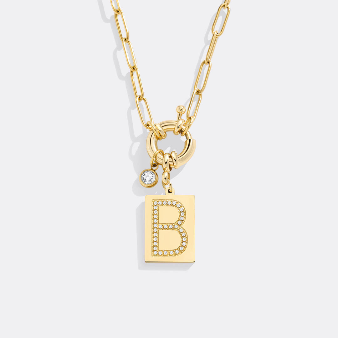 Pavé Initial Pendant Necklace with Paperclip Chain