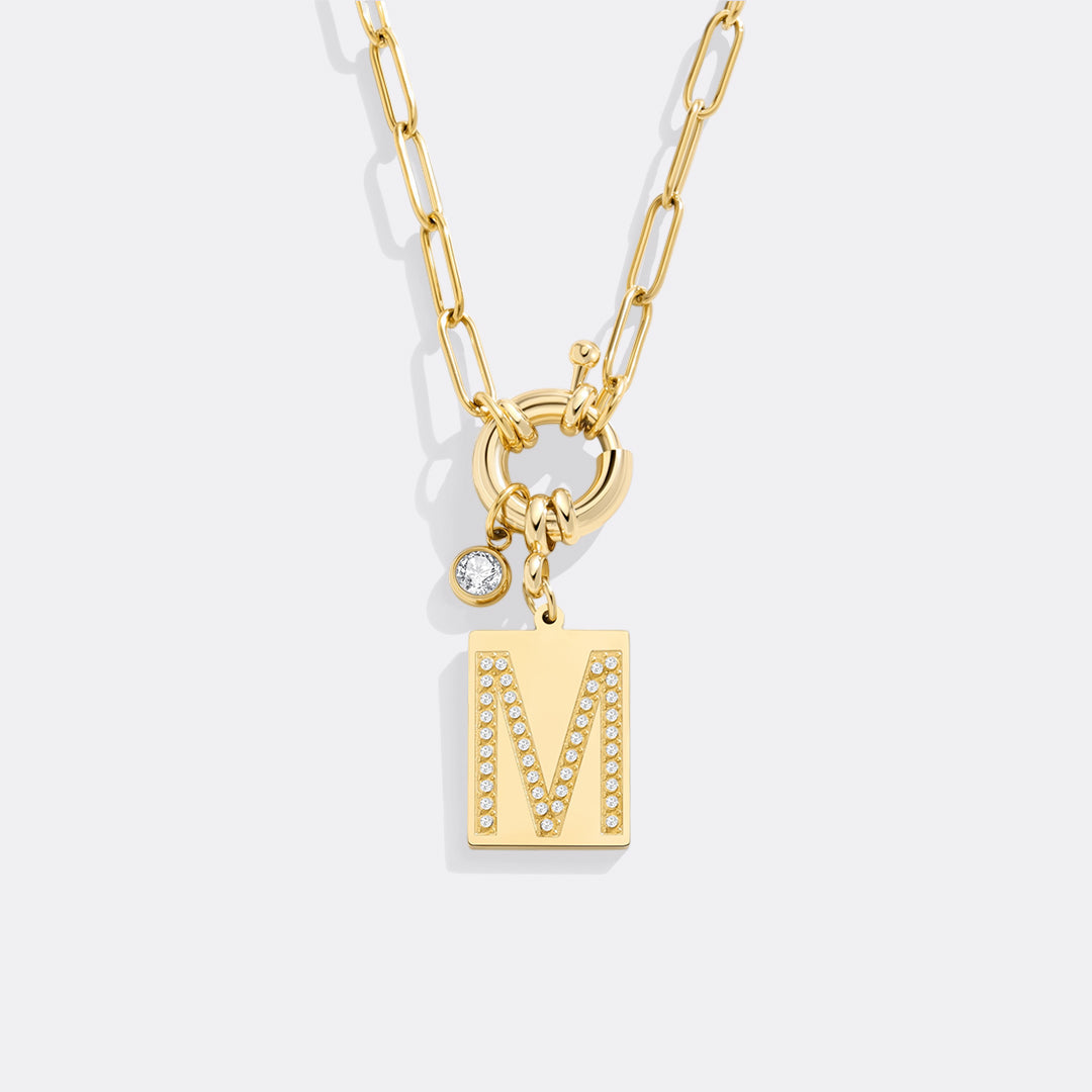 Pavé Initial Pendant Necklace with Paperclip Chain