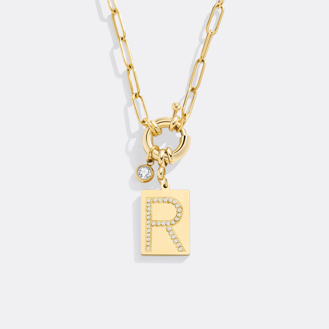 Pavé Initial Pendant Necklace with Paperclip Chain