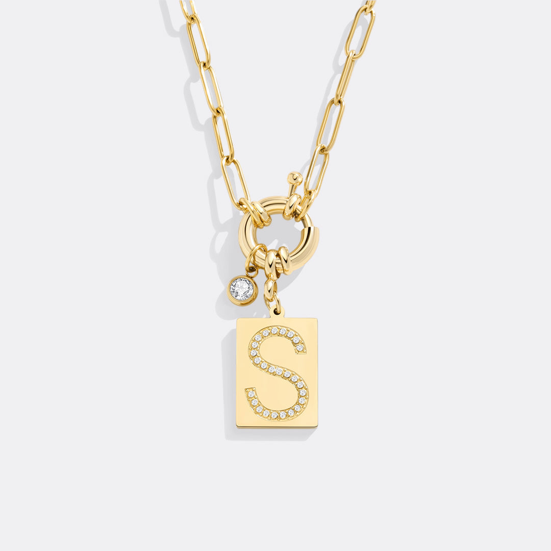 Pavé Initial Pendant Necklace with Paperclip Chain