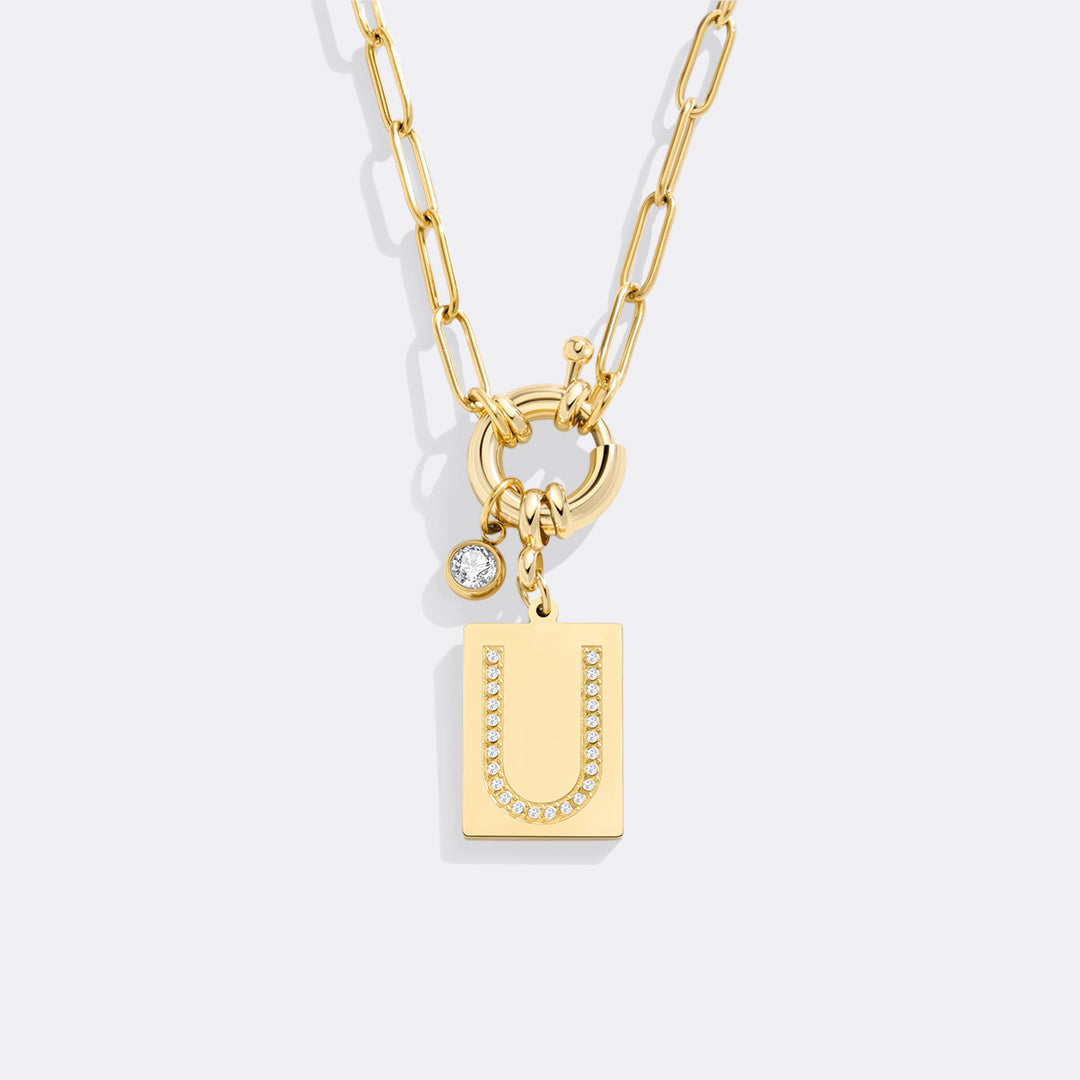 Pavé Initial Pendant Necklace with Paperclip Chain