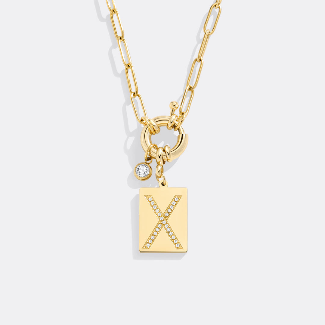 Pavé Initial Pendant Necklace with Paperclip Chain