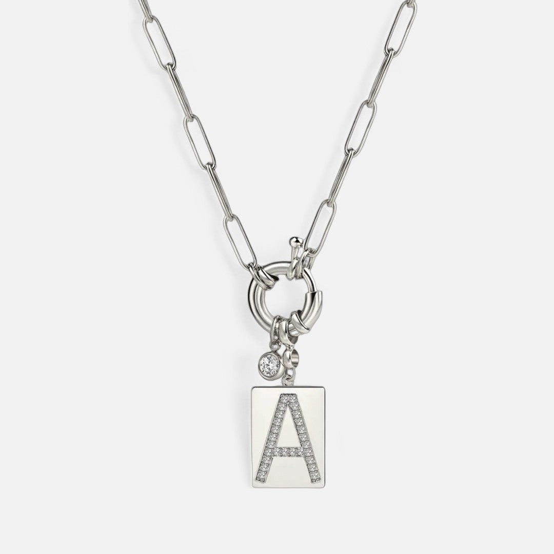 Pavé Initial Pendant Necklace with Paperclip Chain